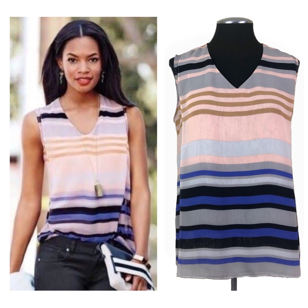 CAbi Striped Sleeveless V-Neck Blouse in Pink, Blue, Black